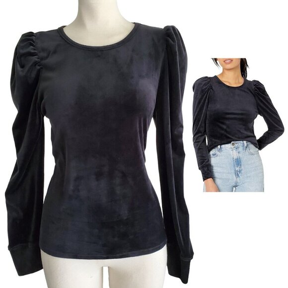 Splendid Whimsigoth Ingrid Black Puff-Sleeve Stretchy Velour Top Size L - Picture 1 of 15